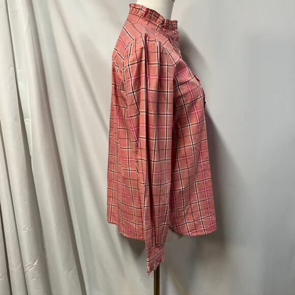 Loft Plaid Ruffle Button Up Blouse Pink Long Sleeve Women SP Preppy Spring‎ New - Picture 7 of 15